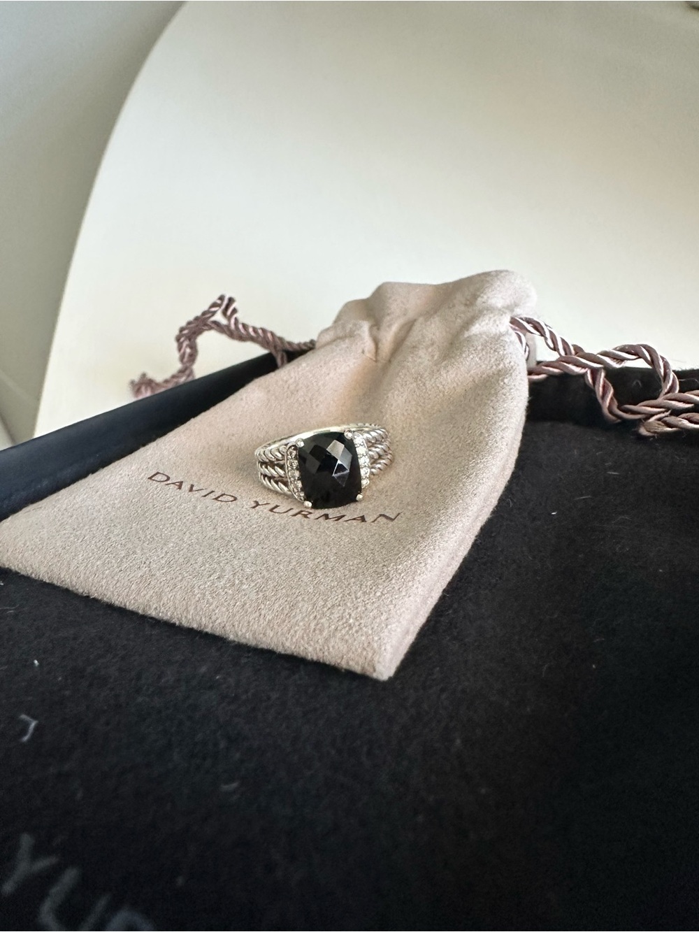David Yurman Silver Cable Ring with Onyx Stone and Diamonds